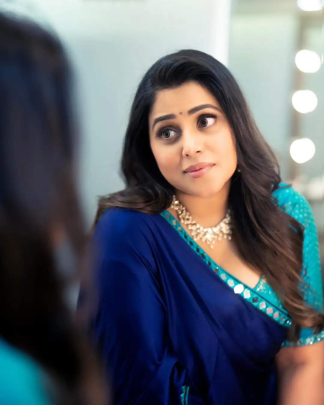 Telugu TV Actress Poorna in Beautiful Jewellery Blue Saree Blouse